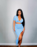 Personalized Solid Color Beveled Long Skirt Short Sleeve Two-piece Set