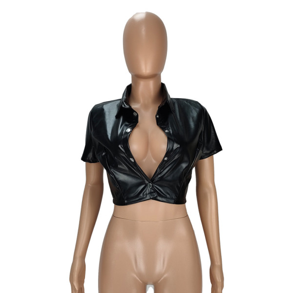 Women's Tops Lapel Snap Leather Short Jacket
