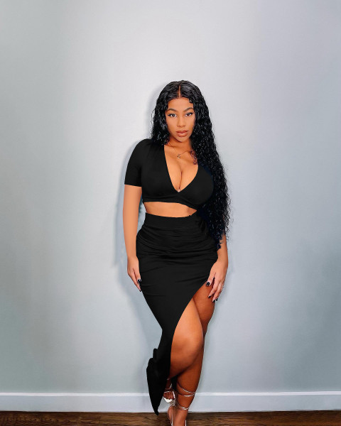 Personalized Solid Color Beveled Long Skirt Short Sleeve Two-piece Set