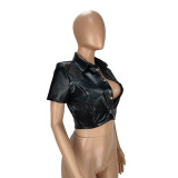 Women's Tops Lapel Snap Leather Short Jacket