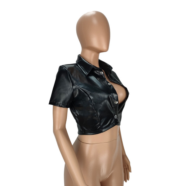 Women's Tops Lapel Snap Leather Short Jacket