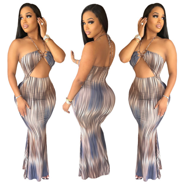 Sexy suspender tube top bag hip print long dress