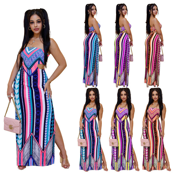 Ladies Pullover Tube Top Show Waist Side Slit Positioning Print Slim Dress