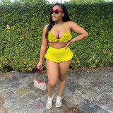 Fashion sexy strappy halter neck open back ruffle shorts suit