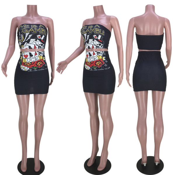 Nightclub suit sexy open back wrap chest positioning print two-piece set