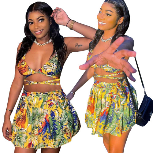 halterneck lace-up printed bikini two-piece pleated skirt