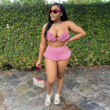 Fashion sexy strappy halter neck open back ruffle shorts suit