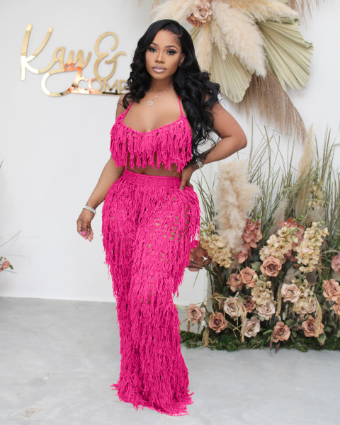 Sexy see-through knitted hand hook fringed beach suit
