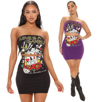 Nightclub suit sexy open back wrap chest positioning print two-piece set