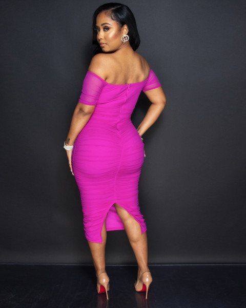 Nightclub clothes mesh pleated slit one-shoulder sexy dress