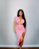 Personalized Solid Color Beveled Long Skirt Short Sleeve Two-piece Set