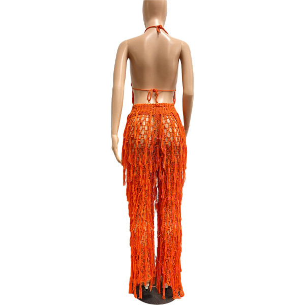 Sexy see-through knitted hand hook fringed beach suit