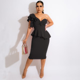 Ladies Fashion Casual Sexy One Shoulder Dress Dress Ruffle Slit Slim Dress