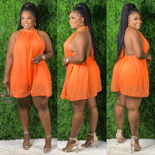 Plus Size Women Fashion Sexy Halter Strap Sleeveless Chiffon Jumpsuit Shorts