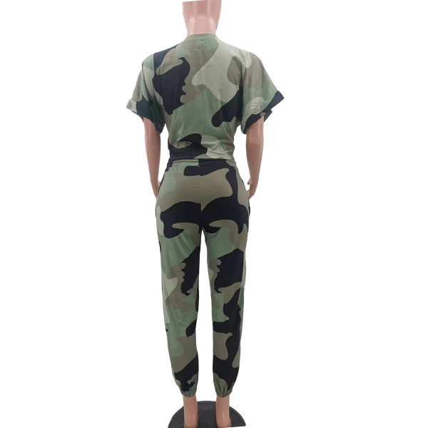 Fashion Ladies Personality Casual Camouflage Lace Hole Irregular Top Suit