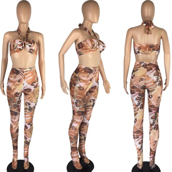 Sexy perspective mesh printing nightclub style tube top straps with feet two-piece fashion European and American women's clothing