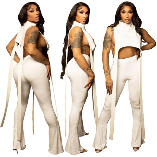 Solid color turtleneck asymmetric two-piece suit