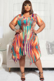 Fashion Plus Size Women Print Irregular Slim Fit Pocket Dress