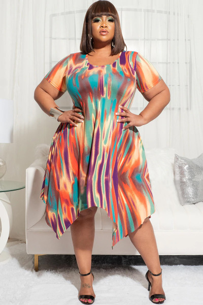 Fashion Plus Size Women Print Irregular Slim Fit Pocket Dress