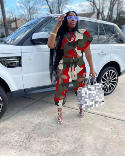 Fashion Ladies Personality Casual Camouflage Lace Hole Irregular Top Suit