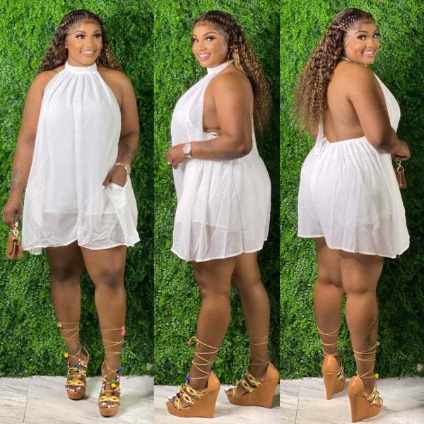 Plus Size Women Fashion Sexy Halter Strap Sleeveless Chiffon Jumpsuit Shorts