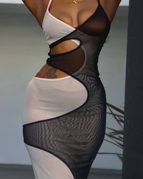 Sexy fashion hollow split suspenders mesh dress