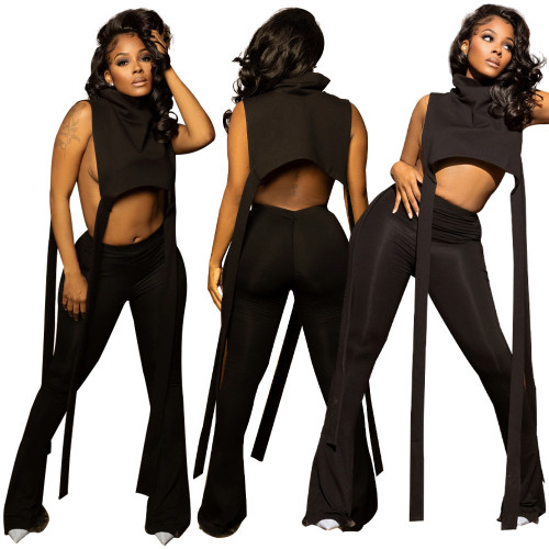 Solid color turtleneck asymmetric two-piece suit