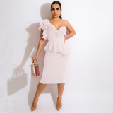 Ladies Fashion Casual Sexy One Shoulder Dress Dress Ruffle Slit Slim Dress