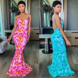women's open back printed maxi dress
