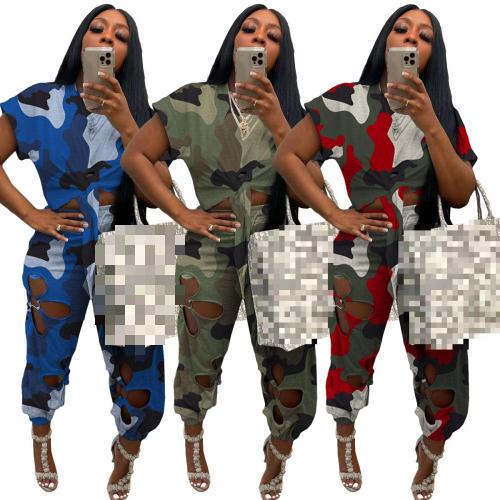 Fashion Ladies Personality Casual Camouflage Lace Hole Irregular Top Suit