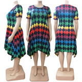 Fashion Plus Size Women Print Irregular Slim Fit Pocket Dress