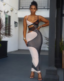 Sexy fashion hollow split suspenders mesh dress