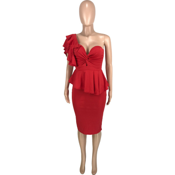 Ladies Fashion Casual Sexy One Shoulder Dress Dress Ruffle Slit Slim Dress