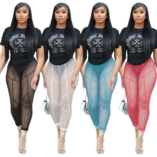 Mesh Perspective Skinny Hip Lift Casual Trousers