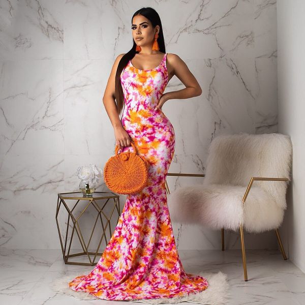 women's open back printed maxi dress