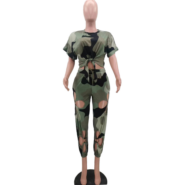 Fashion Ladies Personality Casual Camouflage Lace Hole Irregular Top Suit