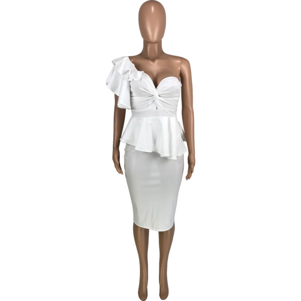 Ladies Fashion Casual Sexy One Shoulder Dress Dress Ruffle Slit Slim Dress