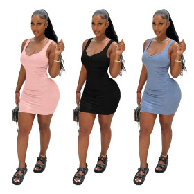 Fashion solid color sexy tight elastic small V-neck dress