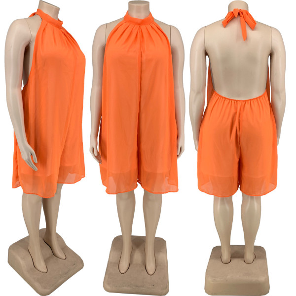 Plus Size Women Fashion Sexy Halter Strap Sleeveless Chiffon Jumpsuit Shorts