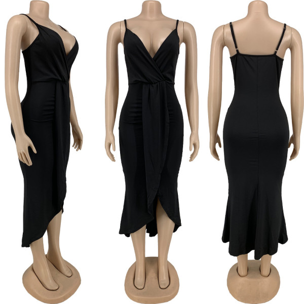 Women's Sexy V-Neck Slit Irregular Sling Dress Women