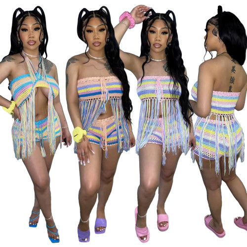 Women's Fashion Colorful Hand Hook Knitted Tassel Suit