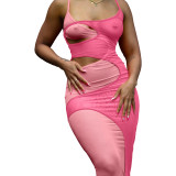 Sexy fashion hollow split suspenders mesh dress