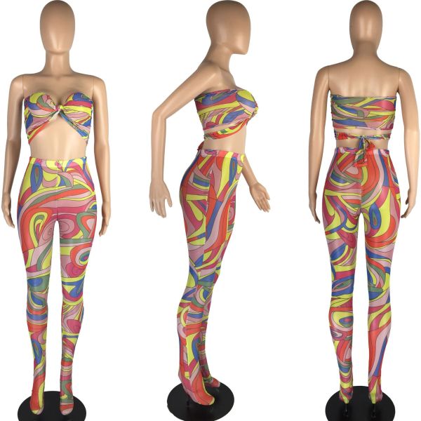 Sexy perspective mesh printing nightclub style tube top straps with feet two-piece fashion European and American women's clothing