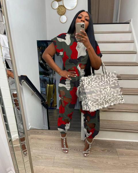 Fashion Ladies Personality Casual Camouflage Lace Hole Irregular Top Suit