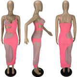 Sexy fashion hollow split suspenders mesh dress
