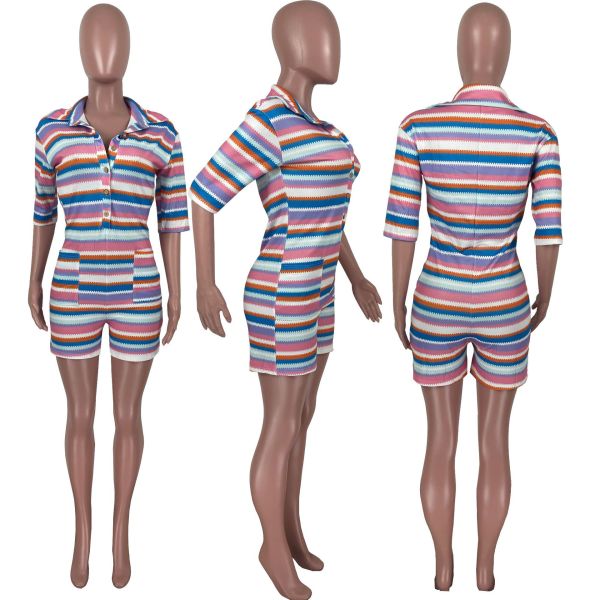 Single Breasted Slim Fit Short Sleeve POLO Shirt Jumpsuit Knit Women's