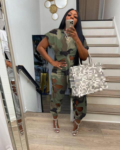Fashion Ladies Personality Casual Camouflage Lace Hole Irregular Top Suit