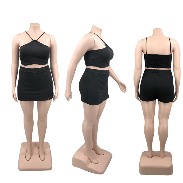 Large size women's fashion sexy solid color culottes back cable two-piece set