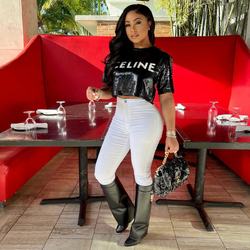 Sequin Offset Alphabet Print Short Sleeve Open Waist Sexy T