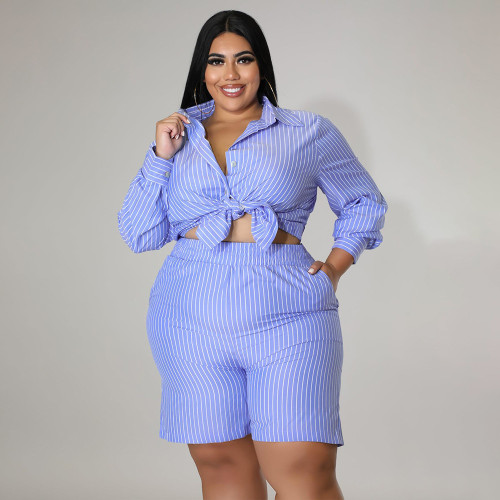 Popular Shirt Striped Print Loose Large Size Casual Ladies Suit